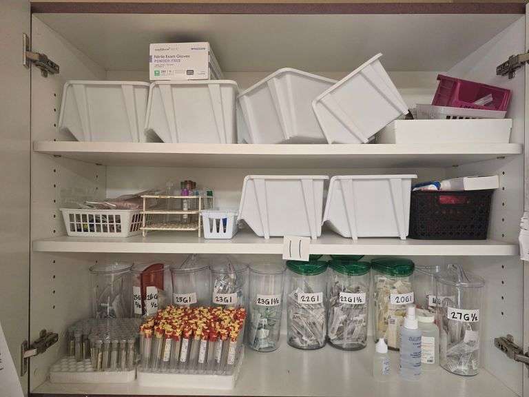 CABINET FULL OF VARIOUS MEDICAL SUPPLIES AND CONTAINERS INCLUDING A WIDE VARIETY OF MCKESSON SEALED NEEDLE TIPS, BD VACUTAINER URINE C&S PRESERVATIVE ECT