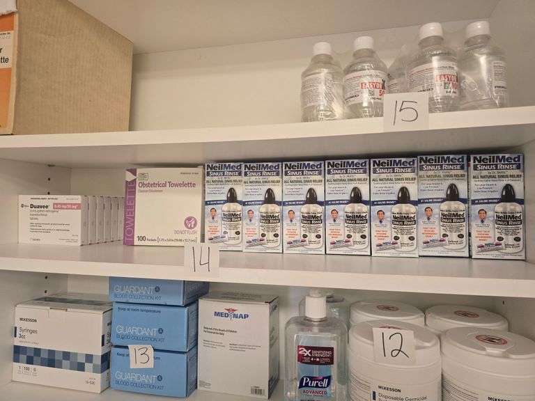 MEDICAL SUPPLIES SHELF LOT SUCH AS NEIL MED SINUS SALINE RELIEF ; PDI OBSTETRICAL TOWELETTE CLEANSERS ECT