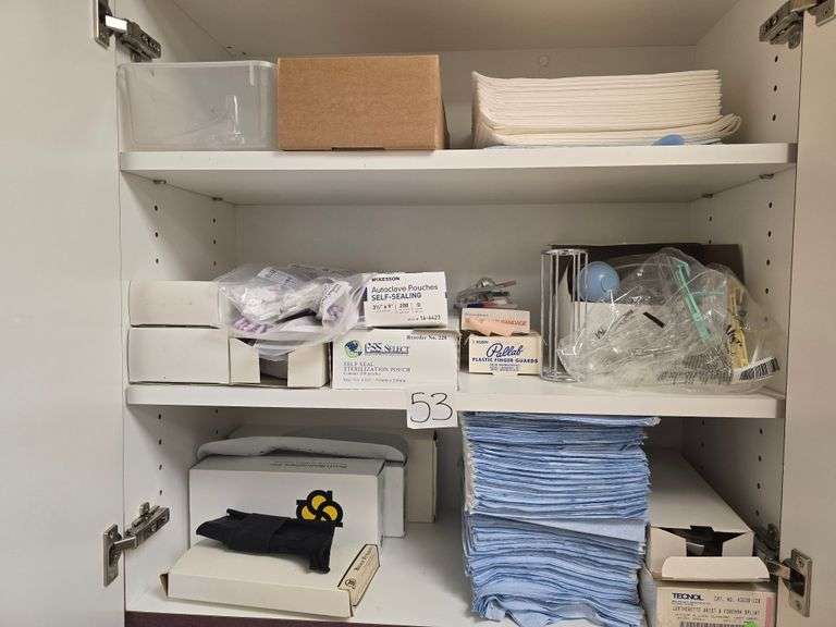 COMPLETE CONTENTS OF SHELVES INCLUDING MEDICAL BRACES AND SPLINTS ; PSS SELECT SELF SEAL STERILIZATION POUCH ; PLASTIC FINGER GUARDS, BED LINERS ECT