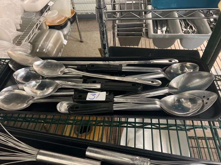 WINCO STAINLESS STEEL COMMERCIAL COOKING SPOONS SOME WITH DRAINING HOLES