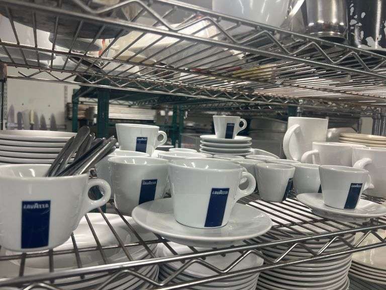 LAVAZZA ESPRESSO CUPS WITH SAUCERS, LARGE COFFEE MUGS, AND SMALL ACOPA SAUCERS