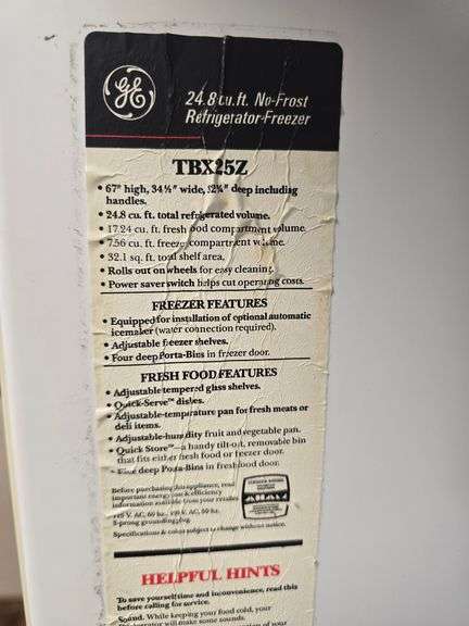 GE TBX25Z 24.8CU.FT. NO FROST REFRIGERATOR FREEZER WITH ICE MAKER APPEARS TO BE IN GOOD CLEAN CONDITION