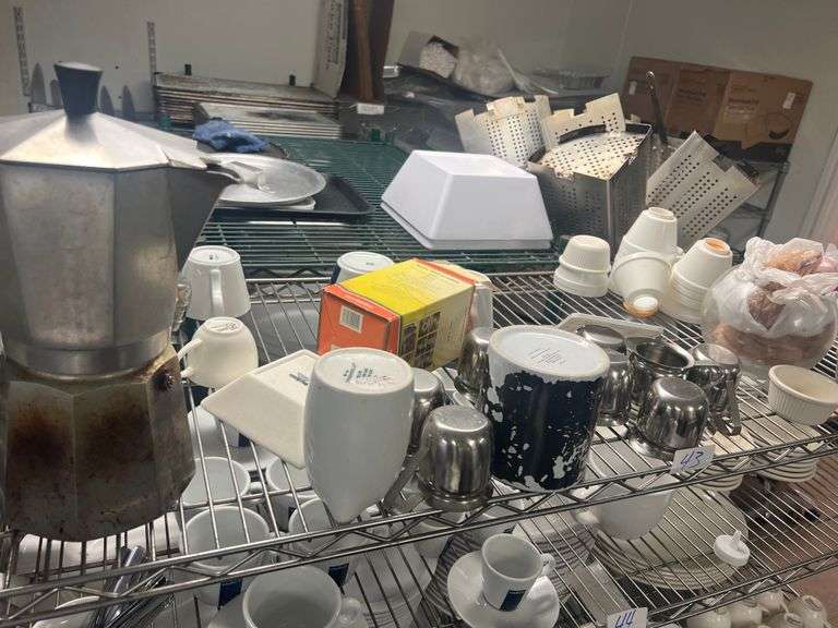 LOT INCLUDES METAL CREAMER CUPS, COFFEE MUGS, PLASTIC RAMEKINS ECT