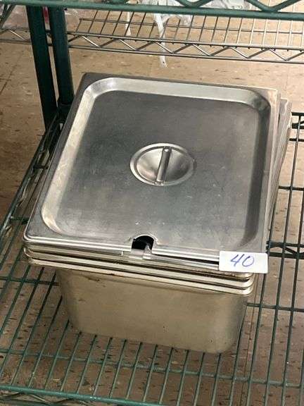 STAINLESS FOOD STORAGE CONTAINERS WITH (2) LIDS APROX 10"x13" WITH (1) 4" DEEP THE REST 5"