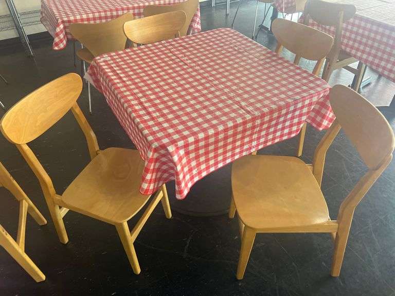 FORMICA TOPPED TABLE 36"SQUARE 30"H AND SAFAVIEH NEW YORK SOLID WOOD DINING CHAIRS *sold per piece