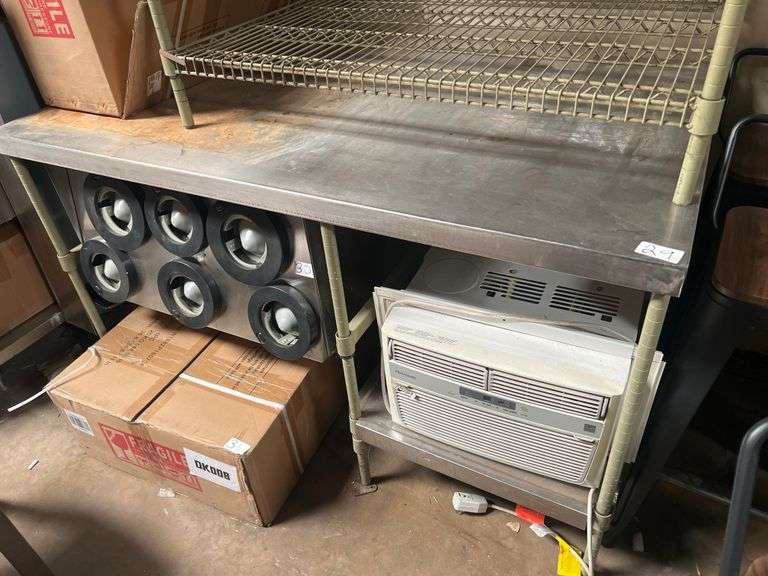 UNIVERSAL BY SPG STAINLESS TOPPED PREP STATION WITH 2-STORAGE SHELVES & BUILT IN STAINLESS STEEL 6-SLEEVE CUP DISPENSER WITH ROUNDUP MODEL DAC-05 DIAL A CUP DISPENSER FOR 8OZ TO 32OZ CUPs APROX 61"L x 37" x 35"