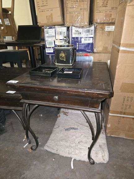 SOLID WOOD LOW END TABLE WITH BLACK METAL LEGS APROX 23"x28"x2'