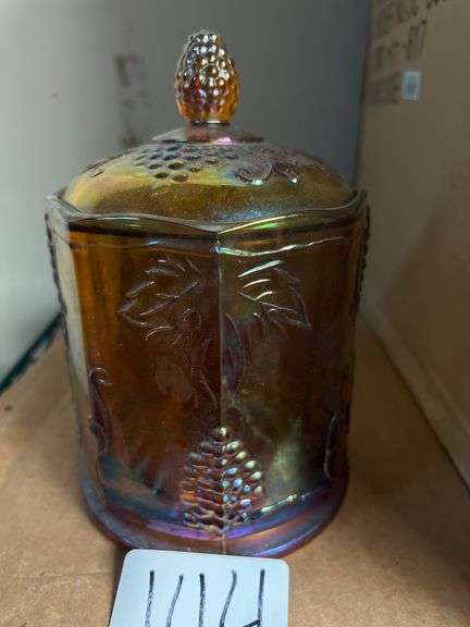 CARNIVAL GLASS VINTAGE JAR WITH LID APROX 6"H