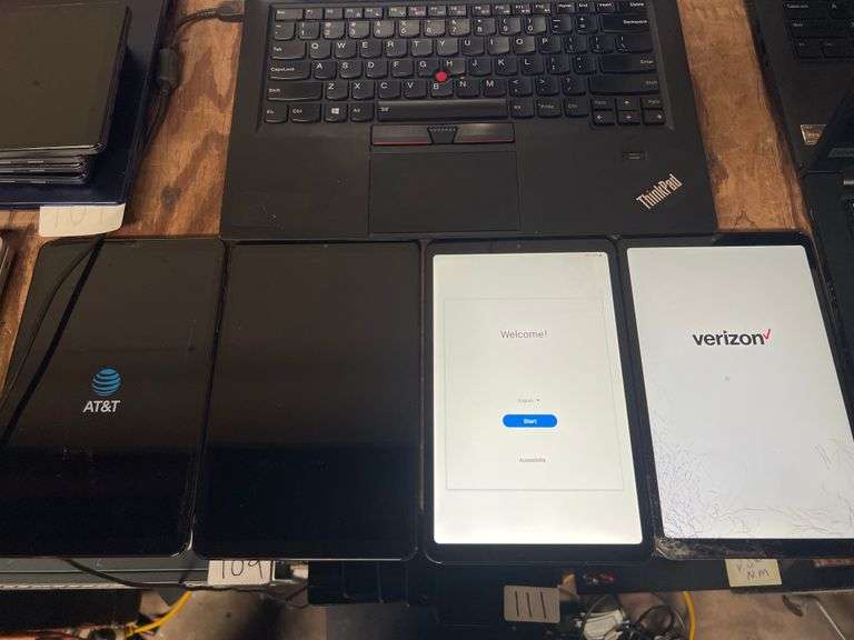 SAMSUNG GALAXY TAB A ANDROID TABLETS FOR VERIZON AND AT&T MOST TESTED AND POWER ON BUT SOME PASSWORD PROTECTED, ONE NEEDS SCREEN REPAIR