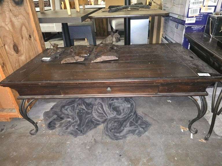 SOLID WOOD LOW CENTER TABLE WITH BLACK METAL LEGS  & HIDDEN DRAWER & TOP OPENING STORAGE APROX 49"x28"x20"