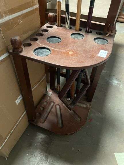 SOLID WOODEN POOL CORNER TABLE WITH 10-STICK HOLDERS, 4-CUP HOLDER APROX 16"x26"H WITH WOODEN DIAMOND BALL RACK INCLD.