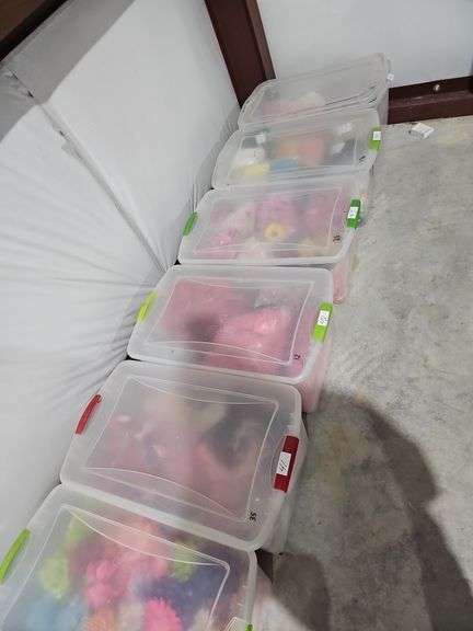 STERLITE 64QT CONTAINERS EACH ONE WITH LID, MOST WITH GREEN HANDLES, SOME RED **VERY IMPORTANT NOTICE** PICKUP MUST BE AFTER 4PM TO GIVE TIME FOR OTHER BIDDERS TO ACQUIRE THE LOTS INSIDE THESE BINS!!
