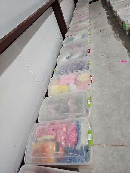 STERLITE 64QT CONTAINERS EACH ONE WITH LID, MOST WITH GREEN HANDLES, SOME RED **VERY IMPORTANT NOTICE** PICKUP MUST BE AFTER 4PM TO GIVE TIME FOR OTHER BIDDERS TO ACQUIRE THE LOTS INSIDE THESE BINS!!