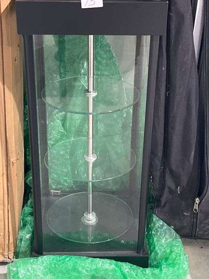 COUNTERTOP LED LIT GLASS DISPLAY UNIT WITH BLACK WOODEN FRAME APROX 14.5"SQ. x 34"H