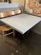 47" DINING TABLE FOR 4 WITH WHITE TOP AND HEAVY DUTY WOODEN BROWN PEDESTAL APROX 47"x31"x29.5"