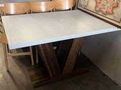 47" DINING TABLE FOR 4 WITH WHITE TOP AND HEAVY DUTY WOODEN BROWN PEDESTAL APROX 47"x31"x29.5"