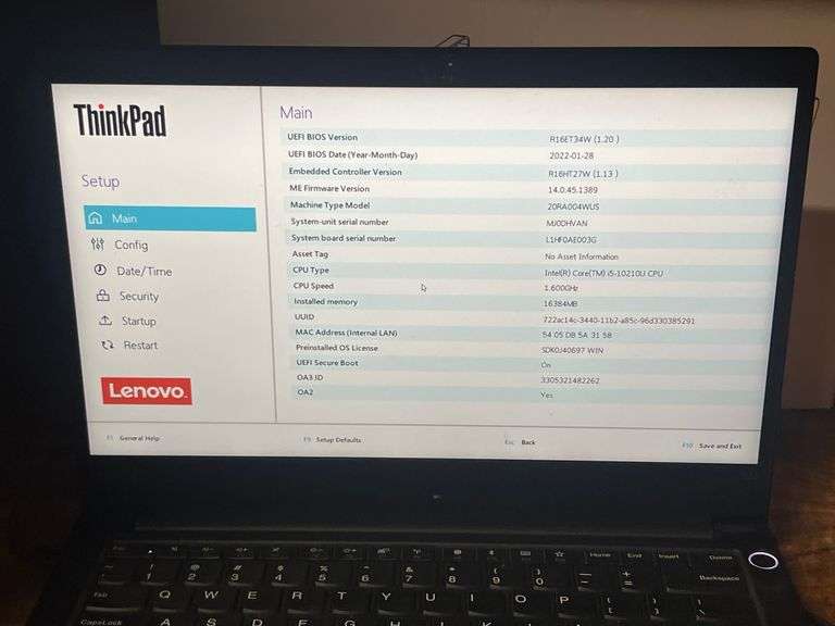 LENOVO THINKPAD E14 LAPTOP CORE i5 10TH GEN POWERS ON WITH RAM BUT NO MEMORY