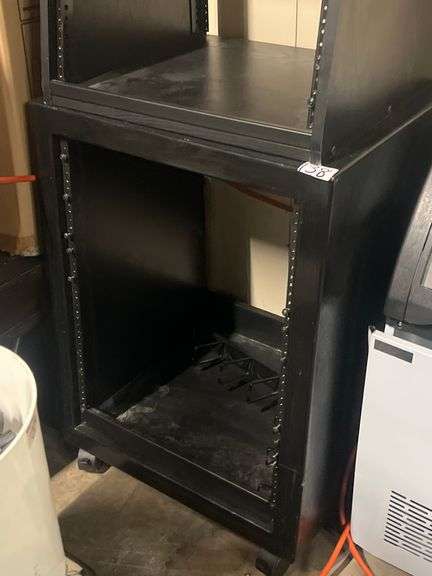 BLACK WOOD AUDIO EQUIPMENT RACK APROX 23"x18"x29" ON WHEELS