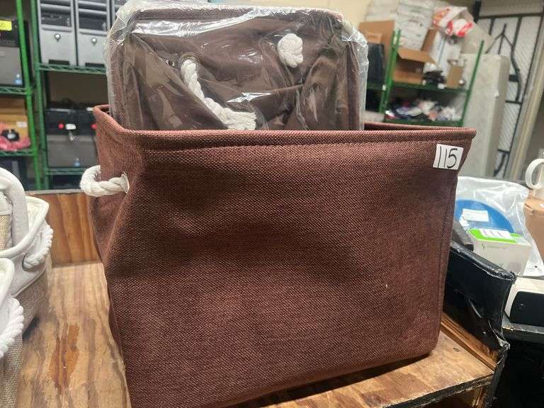 BROWN FABRIC ORGANIZERS WITH WHITE ROPE HANDLES APROX 16"x1'x1'