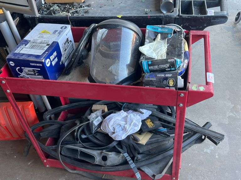 Rolling Red Cart with Face Shield Gloves Starter Etc