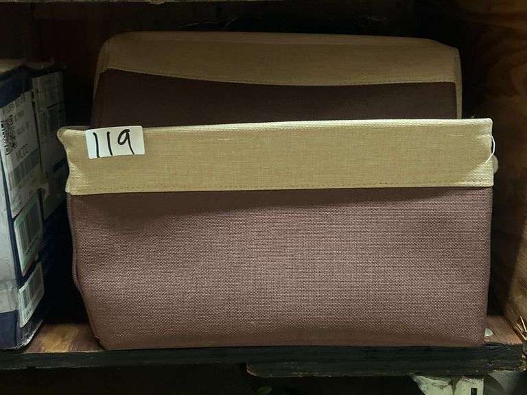 FABRIC ORGANIZERS BROWN SHADES WITH WHITE ROPE HANDLES APROX 15.5"x11"x8.5"