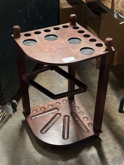 SOLID WOODEN CORNER TABLE FOR POOL WITH 9-BALL RACK INCLD. APROX 3'H
