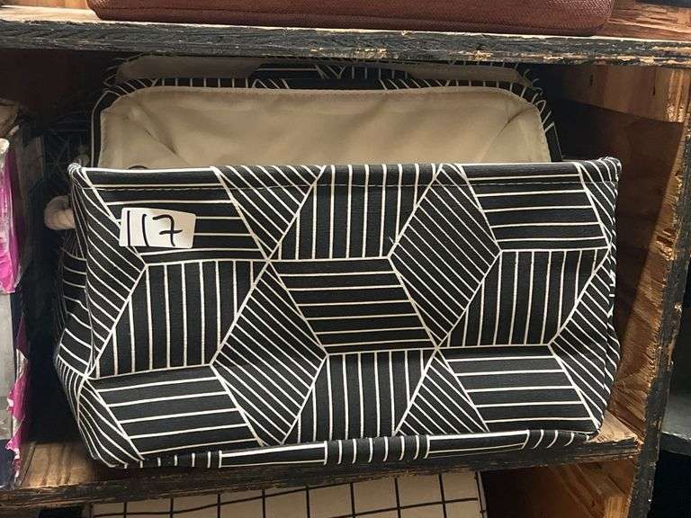 FABRIC ORGANIZERS BLACK/WHITE PLAID PATTERN WITH WHITE ROPE HANDLES APROX 15.5"x11"x8.5"