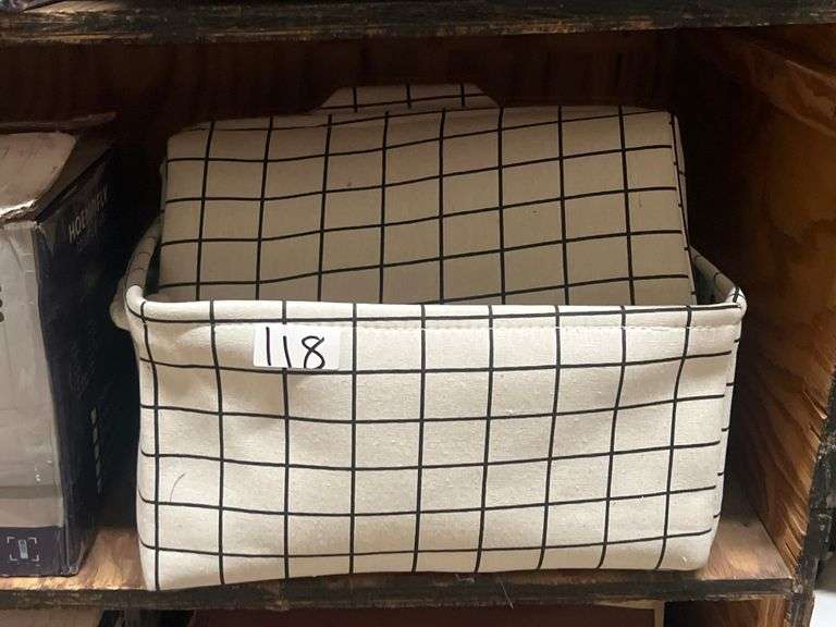 FABRIC ORGANIZERS BLACK/WHITE PLAID PATTERN WITH WHITE ROPE HANDLES APROX 15.5"x11"x8.5"