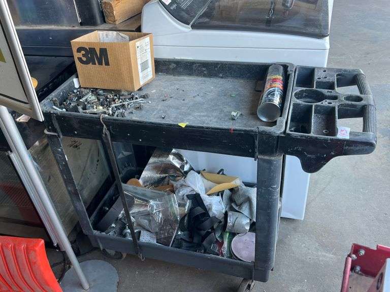 Black Rolling Cart with Assorted Hardware Parts Etc