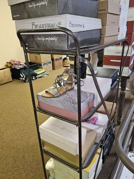 COPPER COLORED METAL SHELVING UNIT ON WHEELS APROX 3'x15"x52"