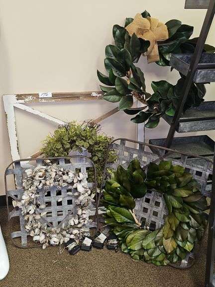 VARIETY OF WALL HANGING WREATHS MOST MOUNTED TO WOOD OR METAL, WITH BATTERY POWERED FAIRY LIGHTING INCLD.