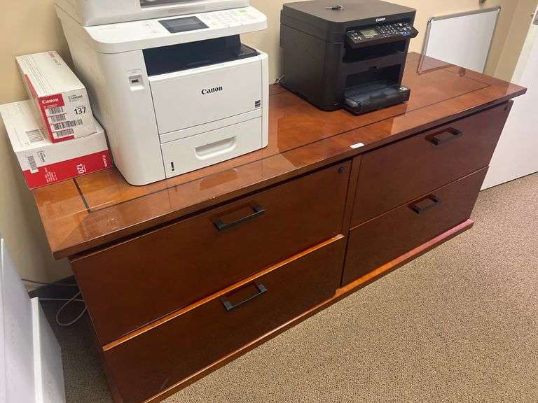 SOLID WOOD 4-DRAWER WIDE FILING CABINET IN GOOD CONDITION, MINOR SCUFFS TO SIDING / EPOXY APROX 6'x2'x30" **Matches lot 17