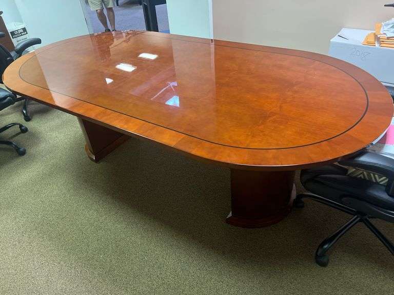 6-PERSON SOLID WOOD CONERENCE DESK IN GOOD CONDITION, MINOR SCUFFS TO SIDING / EPOXY APROX 8'x4'x30" **Matches lot 19