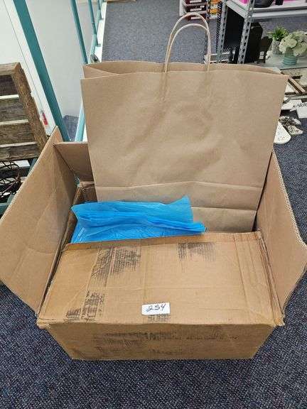 ULINE 18"x7"x18" KRAFT PAPER BAGS WITH BLUE TISSUE PAPER INCLD. APROX 200+ IN CASE