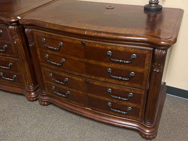 SOLID CHERRY WOOD EXECUTIVE WIDE FILING CABINETS WITH BEAUTIFUL CARVED DESIGNS, 2-DRAWERS APROX 38"x2'x32" MATCHES LOT 29, 34 & 35