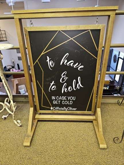 WOODEN HANGING SIGN STAND WITH DUAL-SIDED CHALKBOARD, APROX 28"x2'x41" **Design is done with sticker and can be easily removed