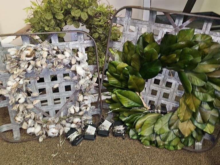 VARIETY OF WALL HANGING WREATHS MOST MOUNTED TO WOOD OR METAL, WITH BATTERY POWERED FAIRY LIGHTING INCLD.