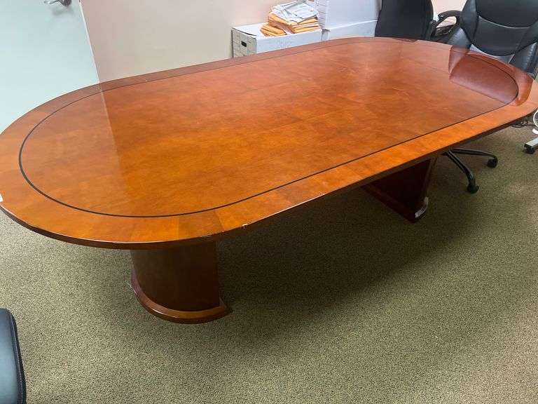 6-PERSON SOLID WOOD CONERENCE DESK IN GOOD CONDITION, MINOR SCUFFS TO SIDING / EPOXY APROX 8'x4'x30" **Matches lot 19