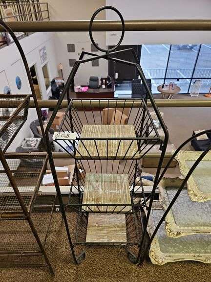 3-TIER DECORATIVE SHELF WITH MATTE BLACK SUPPORTS AND WOODEN SHELVES APROX 13"SQ x 46"