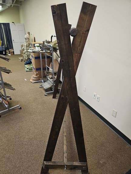 CUSTOM FABRICATED RUSTIC CLOTHING RACK WITH SOLID WOOD STANDS AND METAL PIPE HANGER TOTAL SIZE APROX 6'x21"x68"
