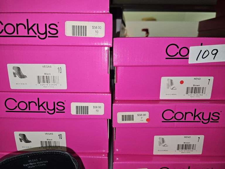 CORKYS WOMEN'S HIGH HEEL SANDALS INCLUDING VEGAS BLACK 65-0116-BLCK AND RENO BROWN 65-0122-BRWN RETAIL $58 EA. NEW IN BOX SIZES INCLUDE 6, 7, 8 ,10
