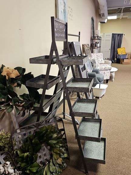 RUSTIC WOODEN A-FRAME DISPLAY RACKS INCLUDING WOODEN MADE FROM OLD WINDOW SHUTTERS, TOTAL SIZE APROX 16"x3'x55" ; AND METAL DUAL SIDED WITH CHALKBOARD TOP APROX 18"x42"x63"