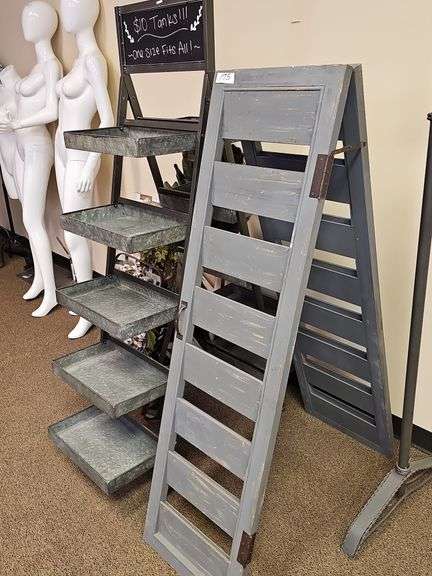 RUSTIC WOODEN A-FRAME DISPLAY RACKS INCLUDING WOODEN MADE FROM OLD WINDOW SHUTTERS, TOTAL SIZE APROX 16"x3'x55" ; AND METAL DUAL SIDED WITH CHALKBOARD TOP APROX 18"x42"x63"