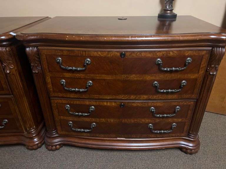 SOLID CHERRY WOOD EXECUTIVE WIDE FILING CABINETS WITH BEAUTIFUL CARVED DESIGNS, 2-DRAWERS APROX 38"x2'x32" MATCHES LOT 29, 34 & 35