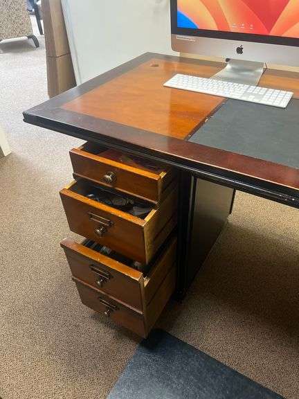 AUTHENTIC MODELS CAMPAIGN EXECUTIVE DESK, SOLID WOOD WITH LEATHER CENTER PIECE, 8-DRAWERS APROX 5.5'x2.5'x32"