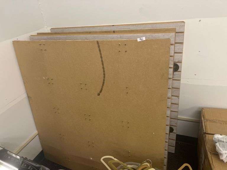 SLAT WALL BOARDS WITH WHITE WOOD DESIGN, EACH PCS HAS 7" METAL PIPE THEMED HANGERS ATTACHED, APROX 4'SQ