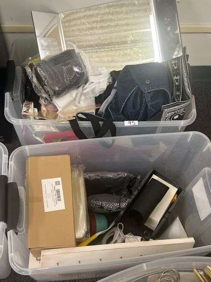 LARGE CLEAR TOTES FULL OF GENERAL MERCH SUCH AS VARIOUS DESIGNER CANVAS BAGS, SELF SEALING BAGS, JEWELRY HANGER, ROLODEX, RAFFLE TICKETS AND MUCH MORE!
