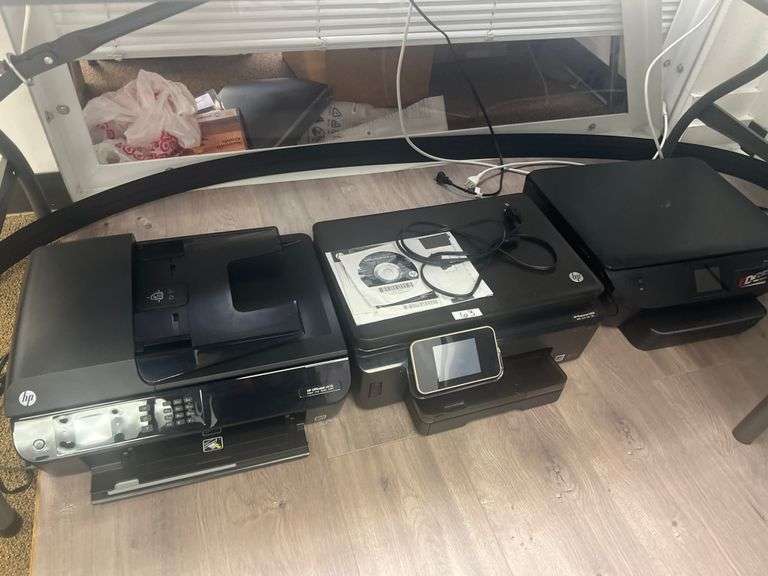 HP PRINTERS INCLUDING PHOTOSMART 6525 WITH POWER CABLE, SOFTWARE, AND MANUAL ; HP OFFICEJET 4635 W/POWER CABLE & HP ENVY 5865 W/ NO POWER CABLE **ALL WERE WORKING WHEN STORED