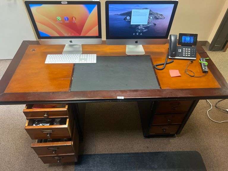 AUTHENTIC MODELS CAMPAIGN EXECUTIVE DESK, SOLID WOOD WITH LEATHER CENTER PIECE, 8-DRAWERS APROX 5.5'x2.5'x32"