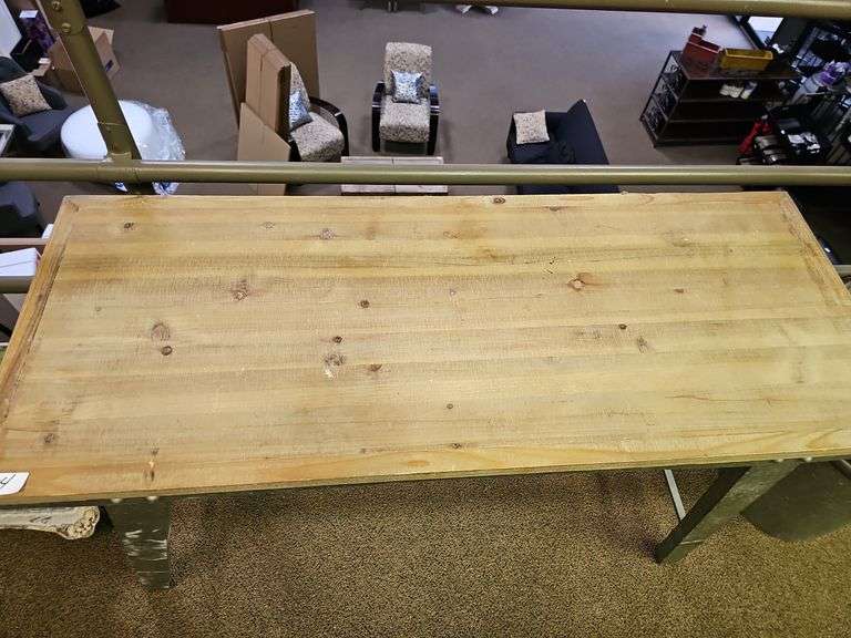 CONSOLE TABLE WITH SOLID WOOD TOP AND TIN METAL BASE APROX 4'x19"x30"